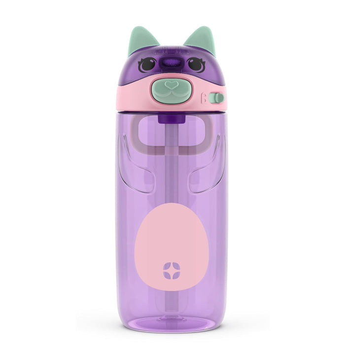 Ello Ellies 16oz Plastic Kids Water Bottle with Straw and Built-in Carrying Handle and Leak-Proof Locking Lid for School backpack, Lunchbox and Outdoor Sports, Cat