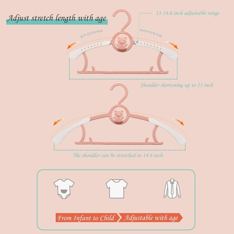 TOMVAES Kids Baby Hangers,11"- 14" Adjustable de Children Coat Hangers for Baby, 20pcs Toddler Kids Child Nursery Closet Hangers, Non-Slip and Extendable Laundry Plastic Infant Hangers (Pink)