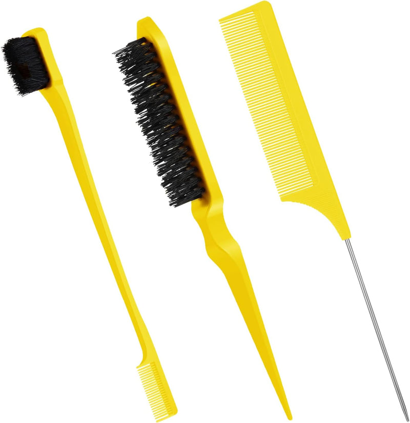 Geiserailie 3 Pcs Slick Back Hair Brush Set Bristle Brush Edge Control Teasing Comb for Women Black Hair(Black)