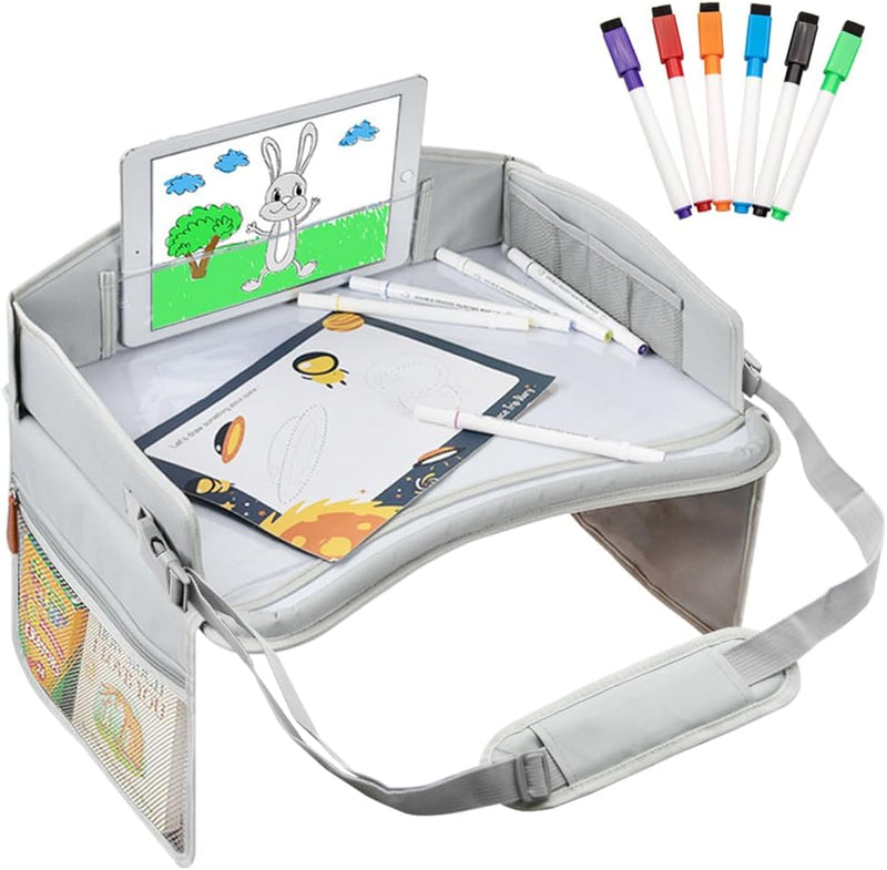 TINY SPARK Kids Travel Tray for Toddlers Car Seat with 6 Markers,Lap Desk Tray with Dry Erase Board for Kids Travel and Flight,Desk Essential Accessories Drawing,Toys,Snacks(Gray)