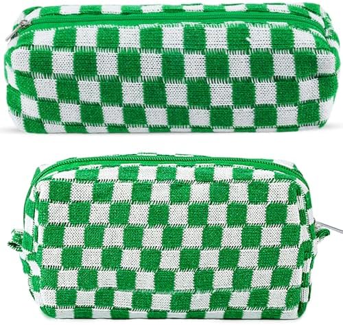 ZLFSRQ 3Pcs Checkered Makeup Bag for Women Large Cosmetic Bag Set Travel Toiletry Bag Makeup Pouch Bag for Purse Pink Zipper Storage Bag Organizer Cute Small Aesthetic Girls Car Essentials Bag