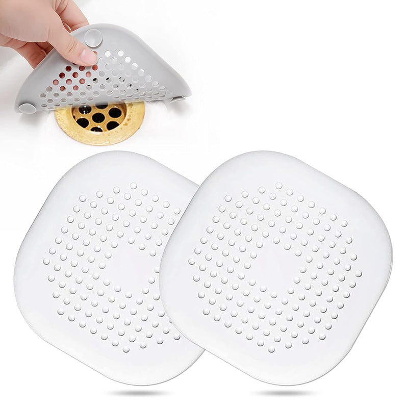 Bovinde Hair Drain Catcher,Square Drain Cover for Shower Silicone Hair Stopper with Suction Cup,Easy to Install Suit for Bathroom,Bathtub,Kitchen 2 Pack (White)