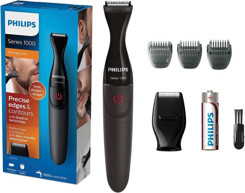 Philips Multigroom MG1100/16 Ultra-Precise Beard Styler 3 Precision Combs, Fully Washable AA Battery Included - MG1100/16, Ultra Precice Beard Styler