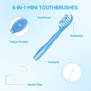 10 Pcs 5 in 1 Disposable Toothbrushes, Mini Travel Toothbrushes with Toothpaste Tongue Scraper Floss and Toothpick, On the Go Toothbrush Disposable with 4 Flavors and Case (Random color