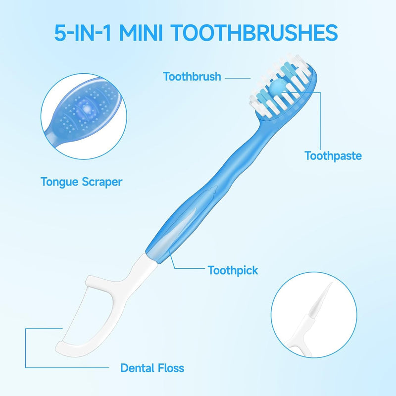 10 Pcs 5 in 1 Disposable Toothbrushes, Mini Travel Toothbrushes with Toothpaste Tongue Scraper Floss and Toothpick, On the Go Toothbrush Disposable with 4 Flavors and Case (Random color