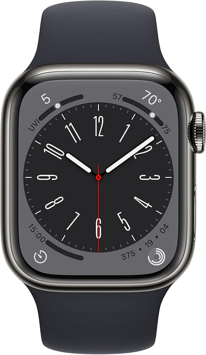 Apple New Apple Watch Series 8 (GPS + Cellular 45mm) Smart watch - Silver Stainless Steel Case with White Sport Band - Regular. Fitness Tracker, Blood Oxygen & ECG Apps, Water Resistant (Renewed)