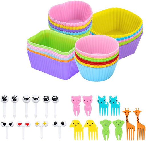 60 PCS Silicone lunch box dividers, reusable bento accessories, silicone cupcake liners, children's bento box accessories with forks, used for school, work, and travel