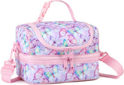 VASCHY Lunch Box Bag Men, Insulated Two Compartments Bento Cooler Bags for Adults/Women/Kids for School,Daycare,Kindergarten,Picnic Black - Pink Butterfly