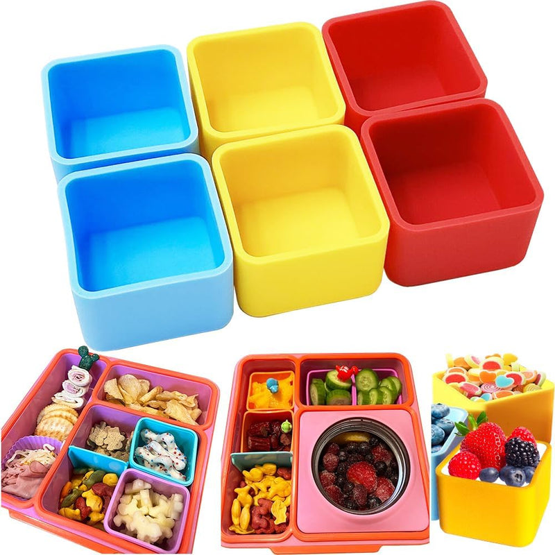 Silicone Bento Lunch Box Dividers Reusable Bento Box Containers Bundle Accessories- Non-Toxic, BPA Free, Dishwasher Safe - Square(Blue+Yellow+Red)