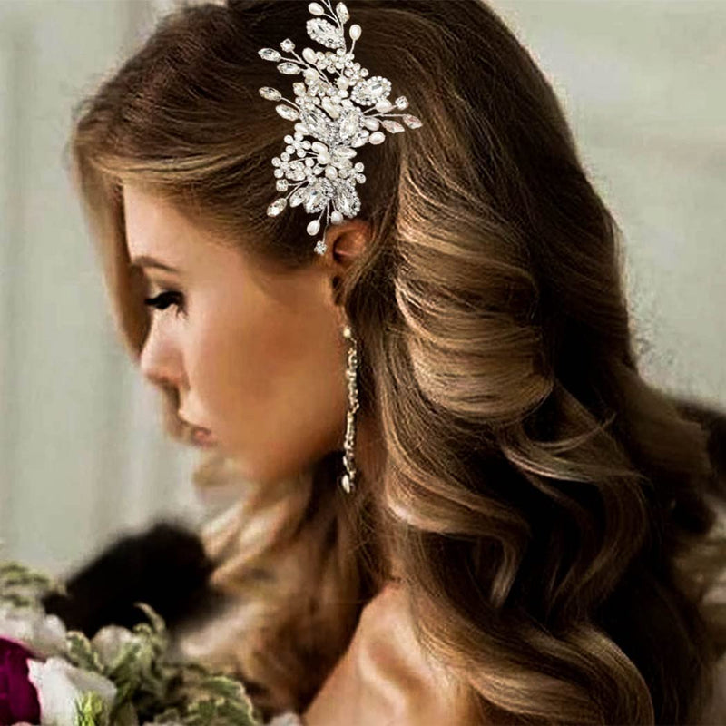 TERRIFI Crystal Bride Wedding Hair Comb, Pearl Bridal Hair Piece Hair Accessories for Women and Girls, Silver
