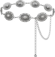 Western Concho Chain Belt for Women Boho Metal Belts For Country Concert Dresses Jeans Cowgirl Vintage Waist Belt - Black Silver