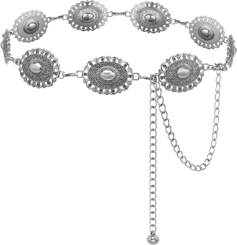 Western Concho Chain Belt for Women Boho Metal Belts For Country Concert Dresses Jeans Cowgirl Vintage Waist Belt - Black Silver