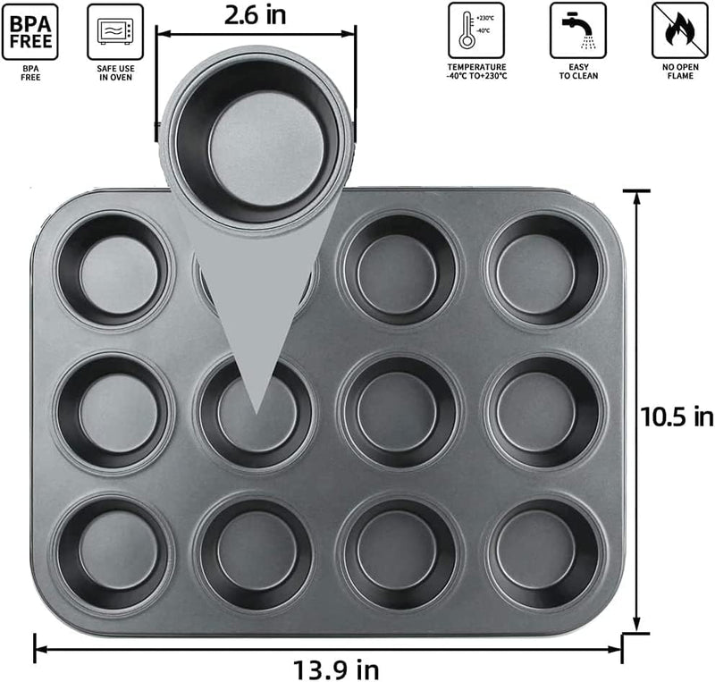 Cake Bakeware Mould, Carbon Steel Muffin Pan, 12 Cavity Bakeware Non-Stick Cake Baking Pan, Mini Pie Pans, Carbon Steel Muffin Tray, Standard Baking Pan Mold for Oven Baking - BLACK 12 cavity, Standard