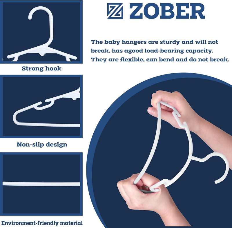 ZOBER Plastic Baby Hangers Non-Slip Toddler & Kids Hangers Durable, Lightweight, Slim & Space-Saving Perfect for Shirts, Pants, Outerwear Holds Up to 5.5 lbs Closet Organization(10Pack, White)