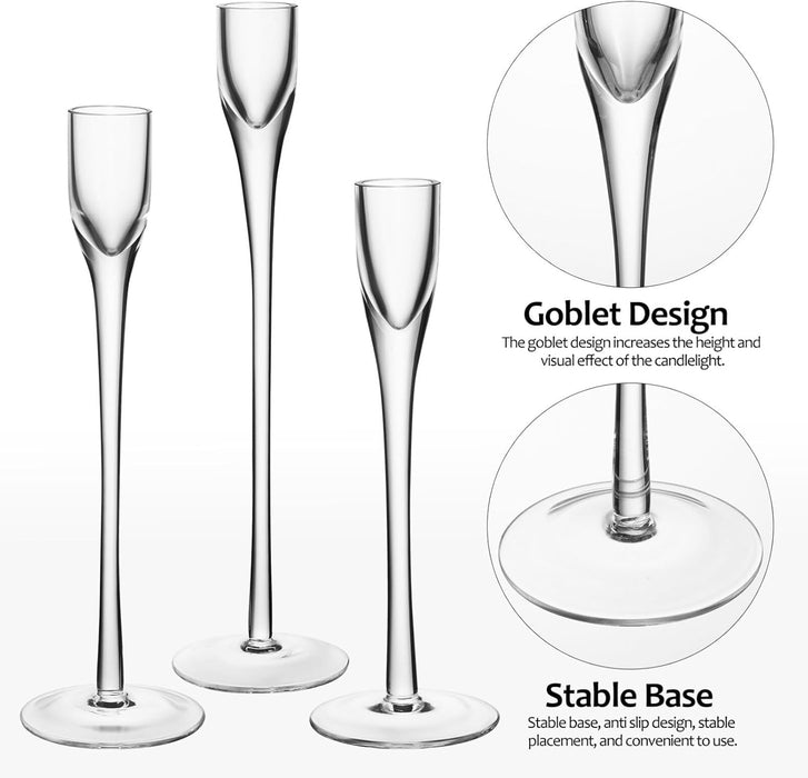 KASTWAVE Elegant Clear Glass Candle Holders Set of 3, Tall Taper Holders for Weddings, Parties, and Festive Table Centerpieces