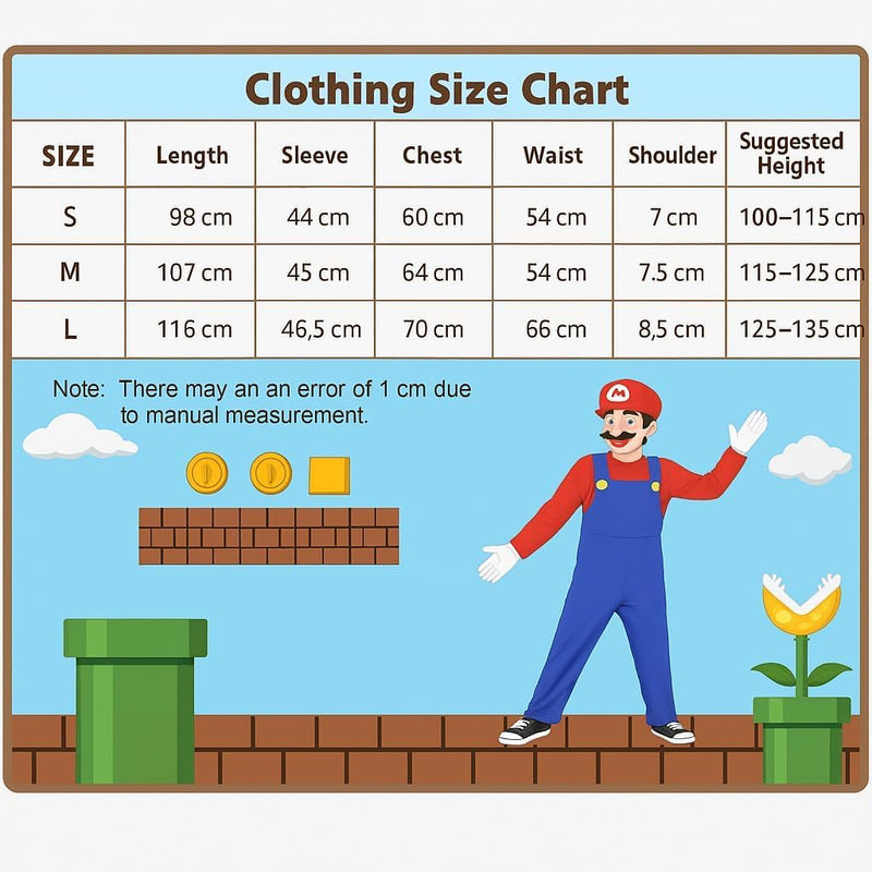 Super Brother Costume-Mario Costume Halloween Cosplay Jumpsuit with Accessory