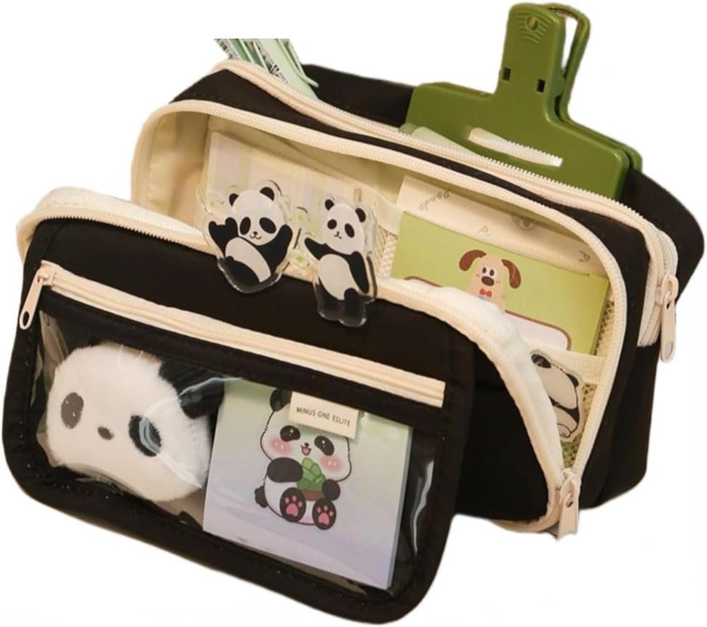 Panda Pencil Case, 10Pcs Cute Panda Pencil Case Large Capacity, Adults Aesthetic Pencil Case, Kawaii Pencil Pouch Cute With Zipper Preppy Pen Bag With Gel Ink Pens, Clips, Stickers, Pin (Black)