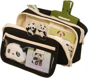 Panda Pencil Case, 10Pcs Cute Panda Pencil Case Large Capacity, Adults Aesthetic Pencil Case, Kawaii Pencil Pouch Cute With Zipper Preppy Pen Bag With Gel Ink Pens, Clips, Stickers, Pin (Black)
