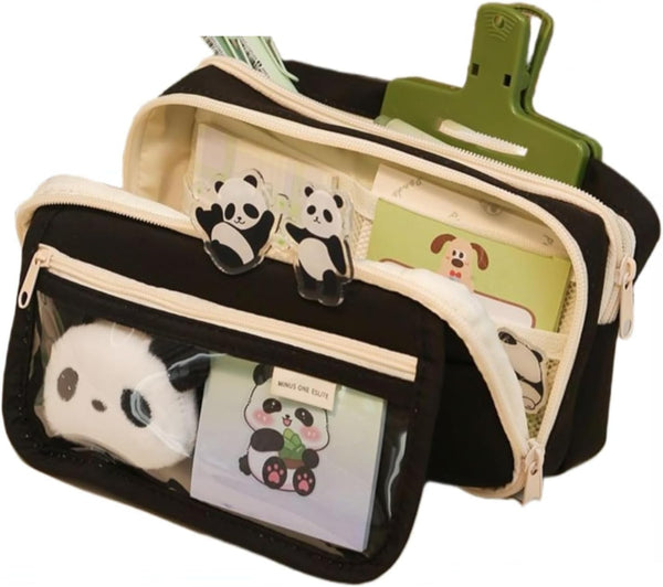 Panda Pencil Case, 10Pcs Cute Panda Pencil Case Large Capacity, Adults Aesthetic Pencil Case, Kawaii Pencil Pouch Cute With Zipper Preppy Pen Bag With Gel Ink Pens, Clips, Stickers, Pin (Black)