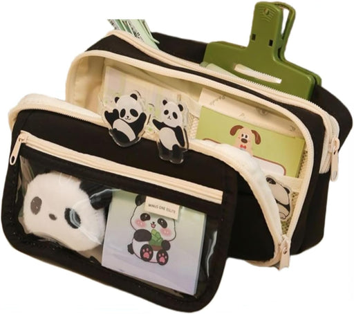 Panda Pencil Case, 10Pcs Cute Panda Pencil Case Large Capacity, Adults Aesthetic Pencil Case, Kawaii Pencil Pouch Cute With Zipper Preppy Pen Bag With Gel Ink Pens, Clips, Stickers, Pin (Black)