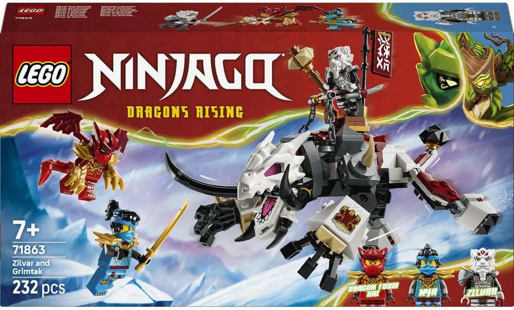 NINJAGO Zilvar and Grimtak the Dragon Beast - Ninja Toy w/Action Figure, 3 Minifigures incl. Kai & Nya - Birthday Gift for 7+ Year Old Boys & Dragons Rising Fans - 71863