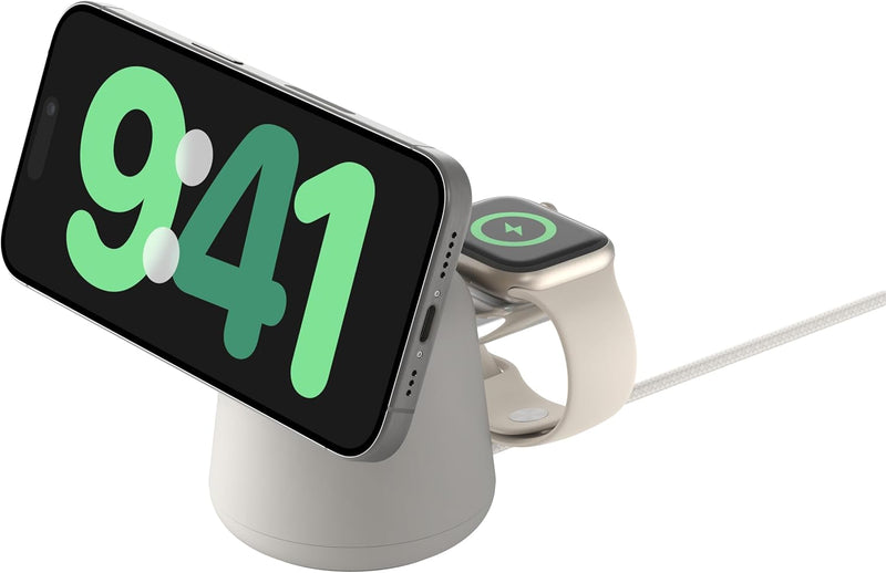 Belkin Fast Charge Pro 2-in-1 Wireless Charging Dock with MagSafe 15W Fast Charge iPhone Charger Compatible with iPhone 16, 15, 14, 13, and 12 Series, AirPods, and Other MagSafe Enabled Devices - Sand