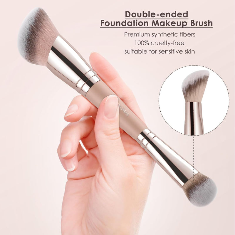 KINGMAS, Foundation Brush Double Ended Angled Round Contour Brush Powder Liquid Cream Concealer Blush Brush (Brown)