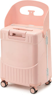 4-Wheel Checked Luggage with Seat for Kids, Travel Suitcase with Adjustable Handle and Hard Shell, Ride-On Suitcase with Child Seat Design for Family Travel, 22 Inch, Pink