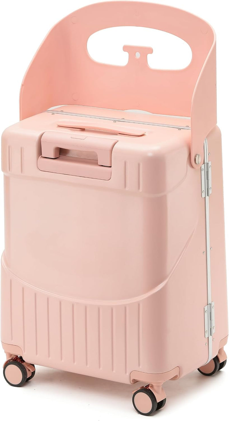 4-Wheel Checked Luggage with Seat for Kids, Travel Suitcase with Adjustable Handle and Hard Shell, Ride-On Suitcase with Child Seat Design for Family Travel, 22 Inch, Pink
