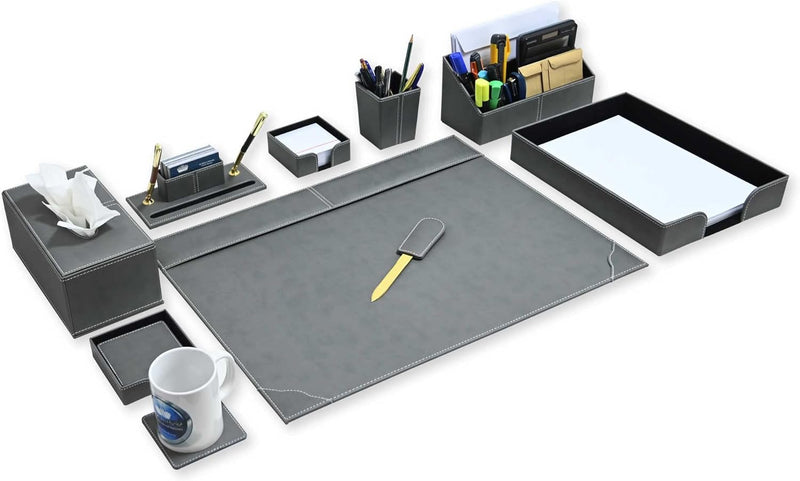 FIS Executive Desk Set with Italian PU Materials, Set of 9 Pieces Desk Set Organizer, Grey Color, Pack in Gift Box-FSDS172GY