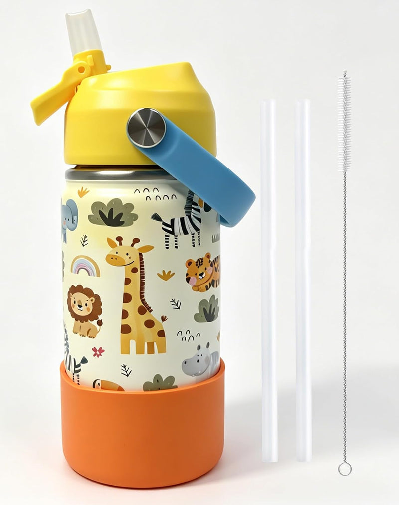 Stainless Steel Water Bottles for Kids, 18oz/530ml Insulated Water Bottle with Handle, Hot Water Bottle, Double Wall Vacuum Sports Water Bottle, BPA Free, Keep Cold and Hot, Water Bottle for School - Zoo-Straw lid 12 ounces