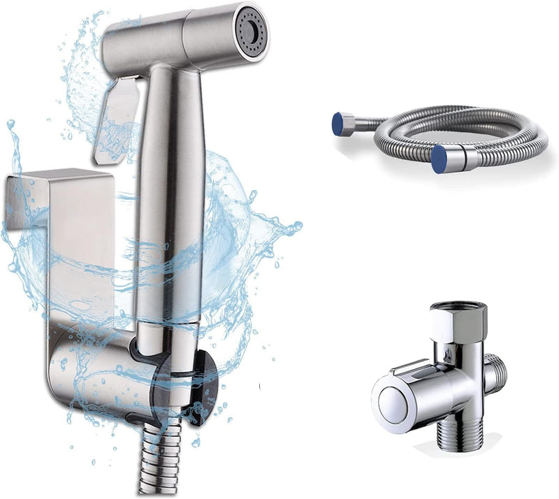 SYOSI Handheld Bidet Sprayer for Toilet-Adjustable Water Pressure Control with Bidet Hose for Feminine Wash, SYOSI Stainless Steel Brushed Nickel Cloth Diaper Bidet Toilet Sprayer