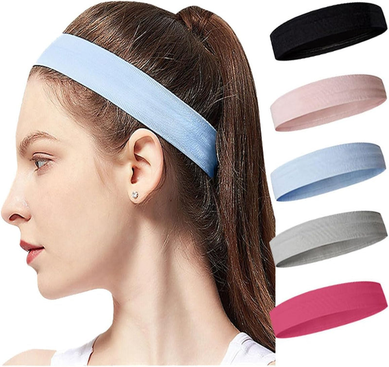 5PCS Women's Non-Slip Headbands - Hair Bands for Sports, Workout, Yoga, Running - Soft Cotton Blend Fabric - Multi-Purpose Hair Accessories - Stretchy Elastic Hair Bands