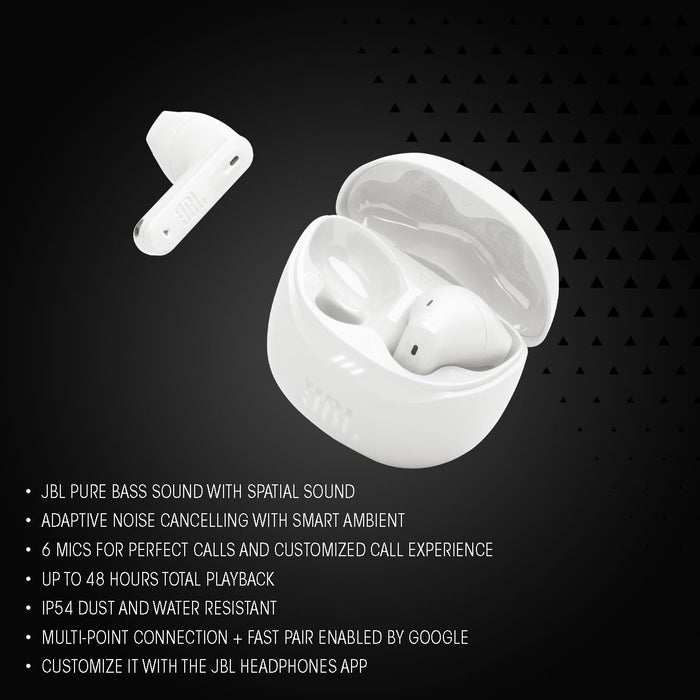 JBL Tune Flex True Wireless Noise Cancelling Earbuds, Pure Bass, ANC + Smart Ambient, 4 Microphones, 32H of Battery, Water Resistant & Sweatproof, Comfortable Fit - Blue, JBLTFLEXBLU