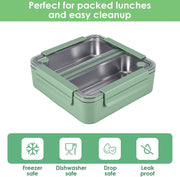 1100ml Bento Lunch Box for Meals and Snacks, Leakproof Insulated Food Container with 2 Stainless Steel Compartments for Adults and Kids at Work or School, Microwave Safe, Green