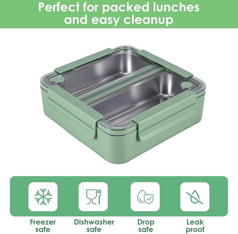 1100ml Bento Lunch Box for Meals and Snacks, Leakproof Insulated Food Container with 2 Stainless Steel Compartments for Adults and Kids at Work or School, Microwave Safe, Green