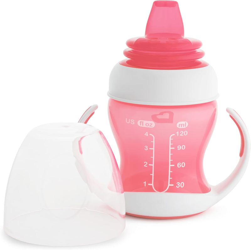 Munchkin Gentle Transition Trainer Cup, Spout transition from bottle to spill proof cup, leak proof and anti-slip handle for Baby/infant, boys and girls, 4oz Cpacity,4 months and above, Pink