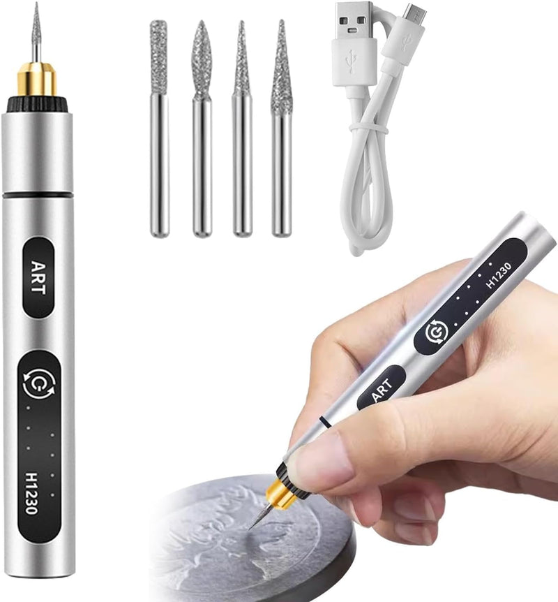 Electric Engraving Tool Kit, Azonee USB Cordless Rechargeable Engraving Pen With 4 Tungsten Carbide Tip, Mini DIY Rotary Engraver for Carving Leather Wood Metal Stone Plastic Jewelry Glass(Silver)