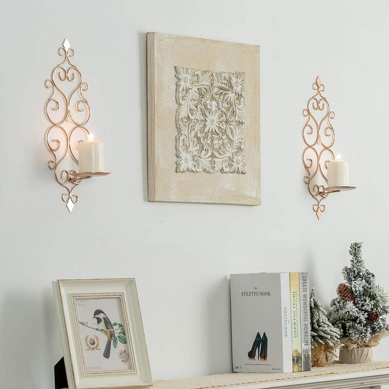 Sziqiqi Wall Candle Sconce Holder Set of 2 Hanging Wall Mounted Pillar Candle Sconces Holder, Wall Sconces Decor for Bedroom Dining Room Living Room Bathroom (Gold)