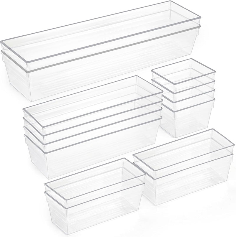 SKY-TOUCH 28PCS Drawer Organiser Trays,4 Size Clear Plastic Desk Storage Boxes,Makeup Organizer Trays,for Bathroom ,Vanity, Storage Bins ,Makeup, Bedroom, Kitchen Cupboard, Gadgets & Utensils - 28PCS Drawer Organiser Trays