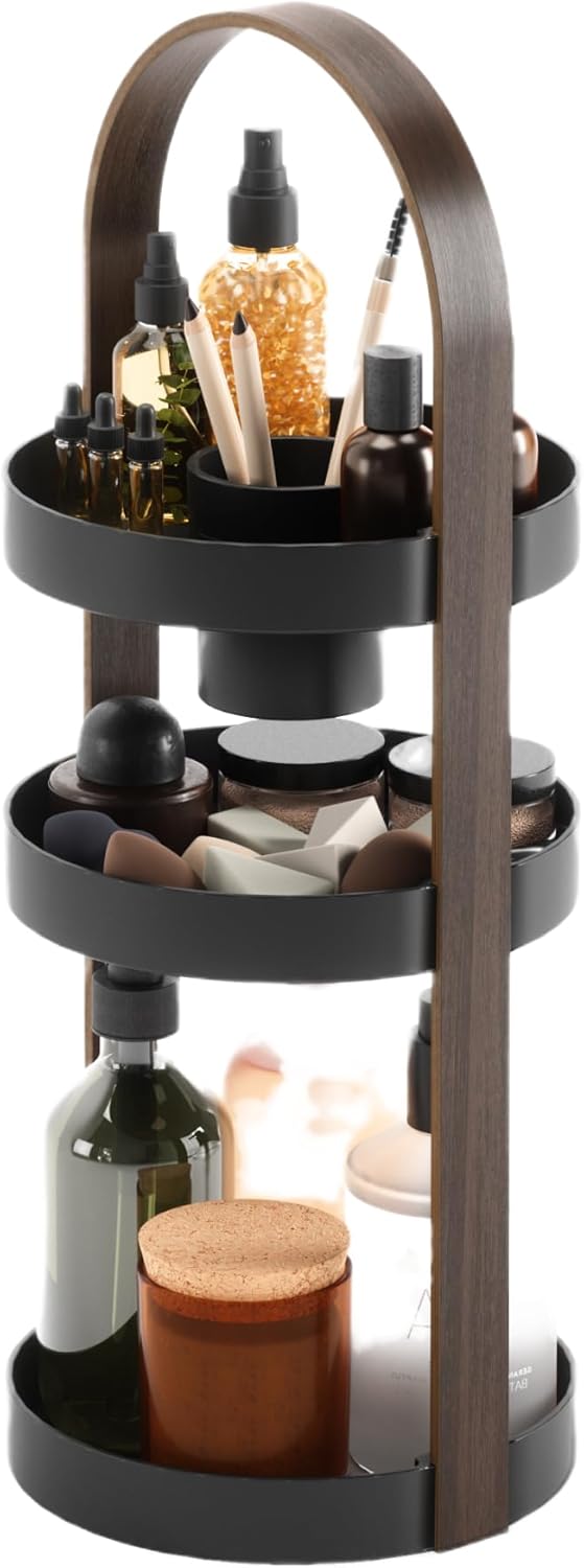 Umbra 3-Tier Cosmetic Organiser with Removable Makeup Brush Holder, Black/Walnut, One Size - Black/Walnut One Size