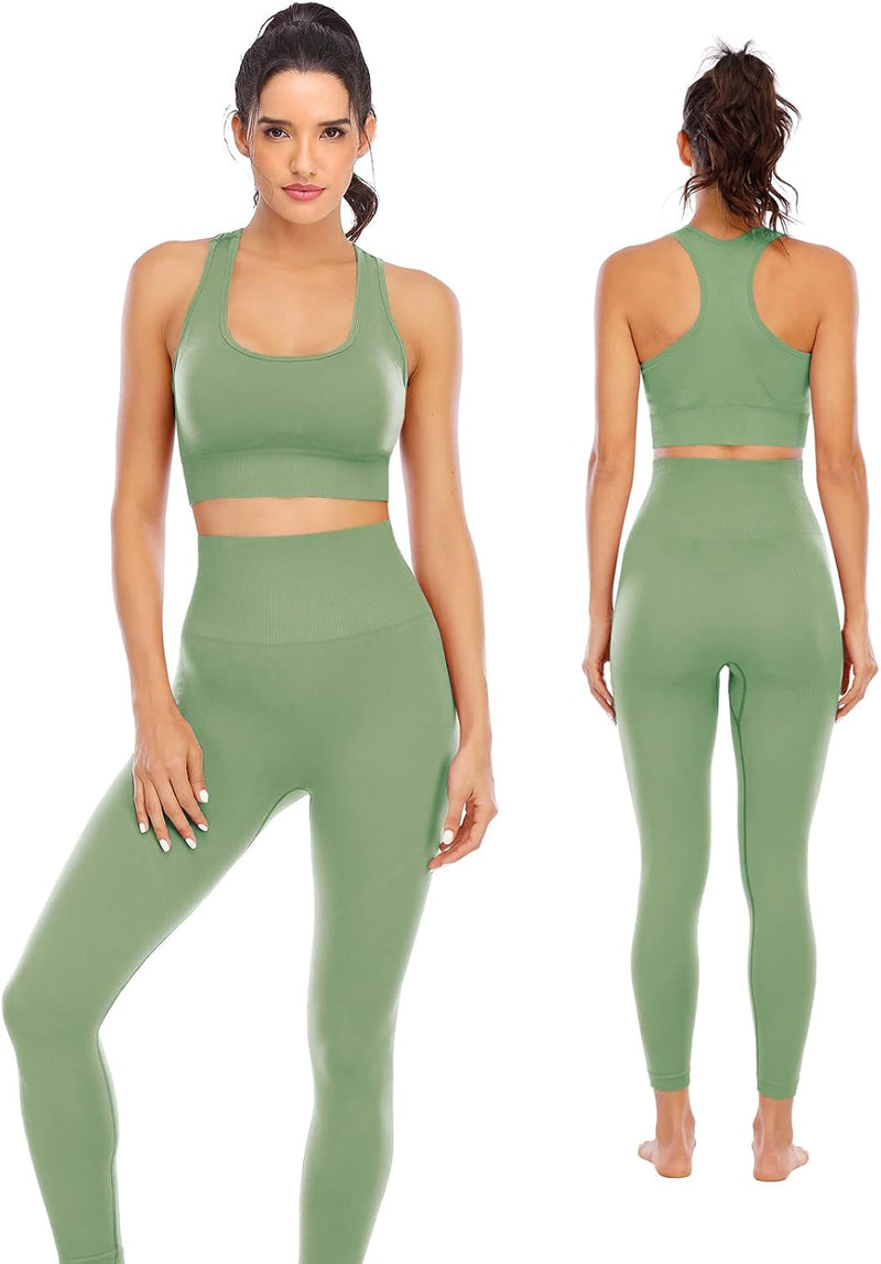 Workout Sets for Women 2 Piece High Waisted Seamless Leggings with Padded Sports Bra Sets - Avocado