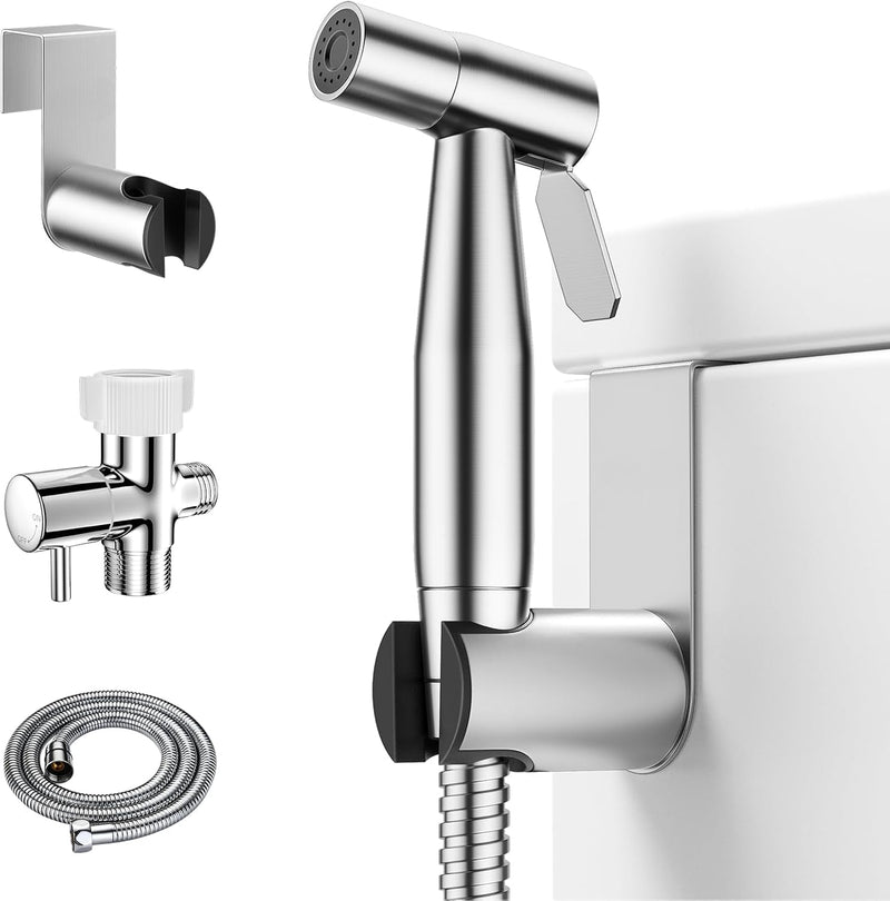 VELORDEC Bidet Sprayer for Toilet - Chrome Finish Shattaf Set with 57" Hose and Enhanced Stainless Steel Brushed Nickel for Feminine & Baby Wash, Includes Pressure Control T-Valve, Rubber Washers,Tape