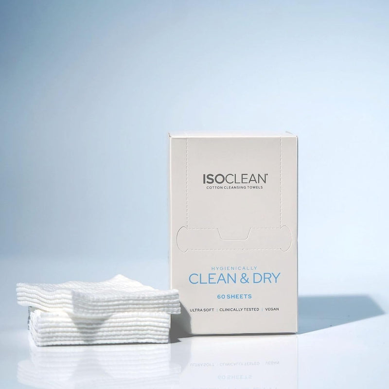 ISOCLEAN Face Towel - Box of 60 Make Up Remover Wipes, Disposable Towels Made with Soft Organic Cotton, Gentle On Sensitive Skin, Ideal for Facial Cleansing and Removing Cosmetic Residue