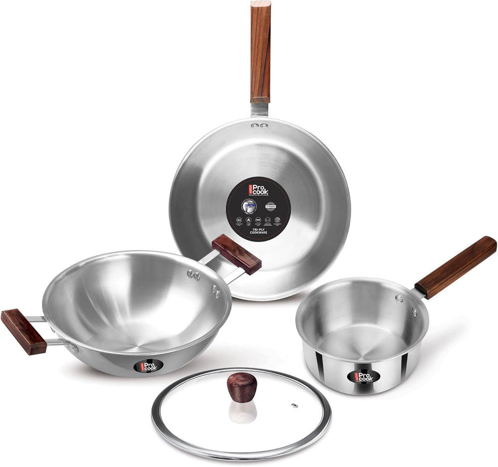 Milton Procook Triply 4 pcs Stainless Steel Sauce Pan 16 cm, Fry Pan 22 cm, Kadhai 24 cm with Glass Lid 24 cm and Wooden Handle, Silver Induction Safe Hot Plate Safe