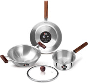 Milton Procook Triply 4 pcs Stainless Steel Sauce Pan 16 cm, Fry Pan 22 cm, Kadhai 24 cm with Glass Lid 24 cm and Wooden Handle, Silver Induction Safe Hot Plate Safe - Steel