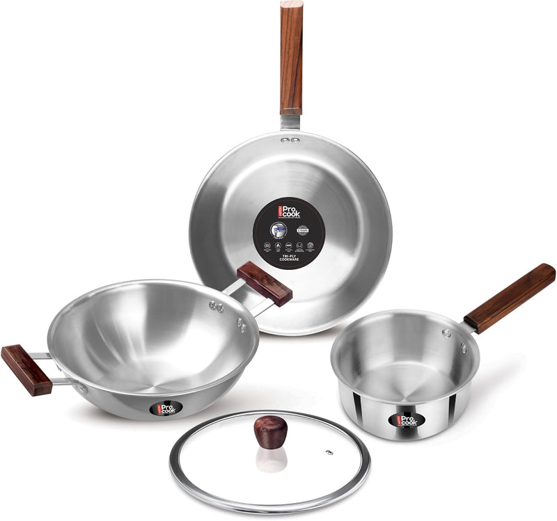 Milton Procook Triply 4 pcs Stainless Steel Sauce Pan 16 cm, Fry Pan 22 cm, Kadhai 24 cm with Glass Lid 24 cm and Wooden Handle, Silver Induction Safe Hot Plate Safe - Steel