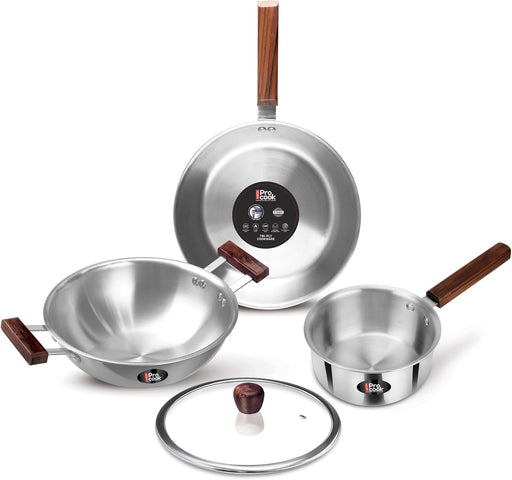 Milton Procook Triply 4 pcs Stainless Steel Sauce Pan 16 cm, Fry Pan 22 cm, Kadhai 24 cm with Glass Lid 24 cm and Wooden Handle, Silver Induction Safe Hot Plate Safe - Steel