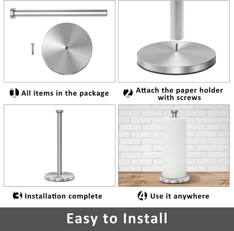Stainless Steel Paper Towel Holder Countertop, Standing Paper Towels Holder for Kitchen Dining Table Bathroom, Weighted Paper Towel Holder for Standard or Large-Sized Roll (Silver)
