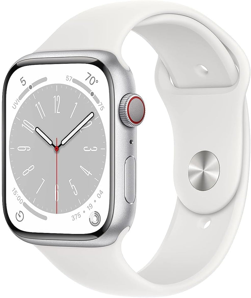 Apple New Apple Watch Series 8 (GPS + Cellular 45mm) Smart watch - Silver Stainless Steel Case with White Sport Band - Regular. Fitness Tracker, Blood Oxygen & ECG Apps, Water Resistant (Renewed)